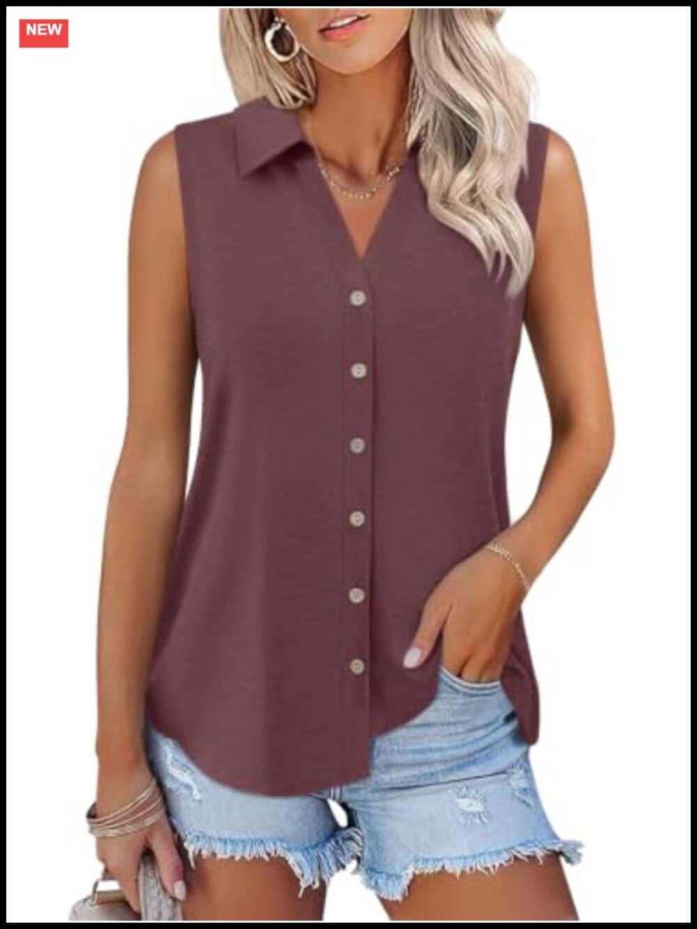 Womens Button Down Tank Top Sleeveless Collared V Neck Business Casual Shirt